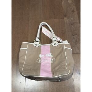 Coach Vintage Purse Pink Beige Signature Canvas Leather 11”x10”